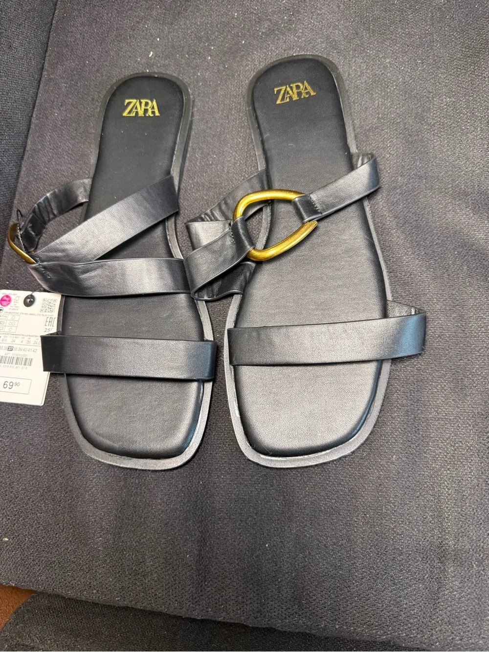 Zara Black Slide Sandals with Gold Oval Ring